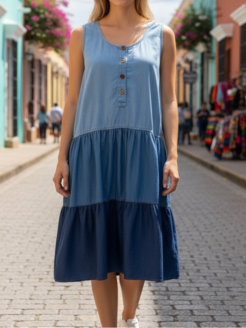 Karen Kane Tiered Chambray Blue Denim Colour Rayon Boho Flowy Mini Dress Size M